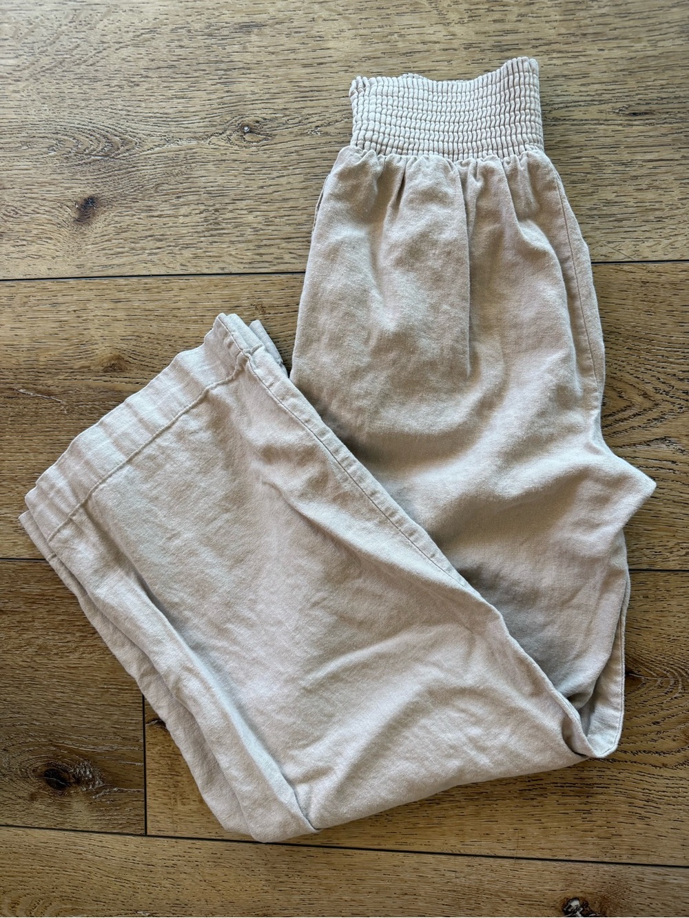 Love Tree Wide Leg Smocked Waist Pants - Neutral Beige